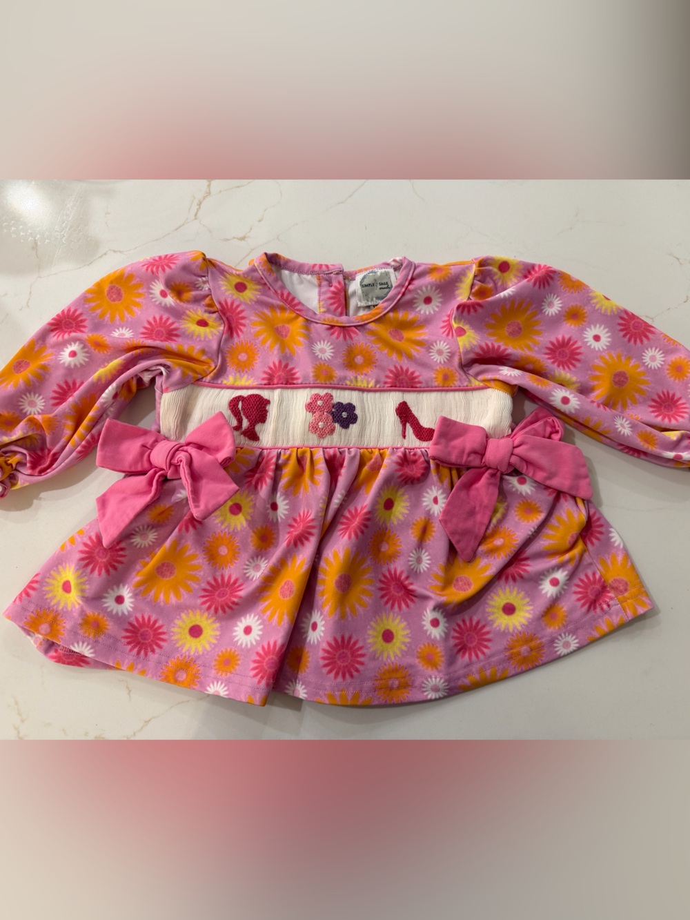 Barbie Theme Pink Floral Bow Long-Sleeve Top